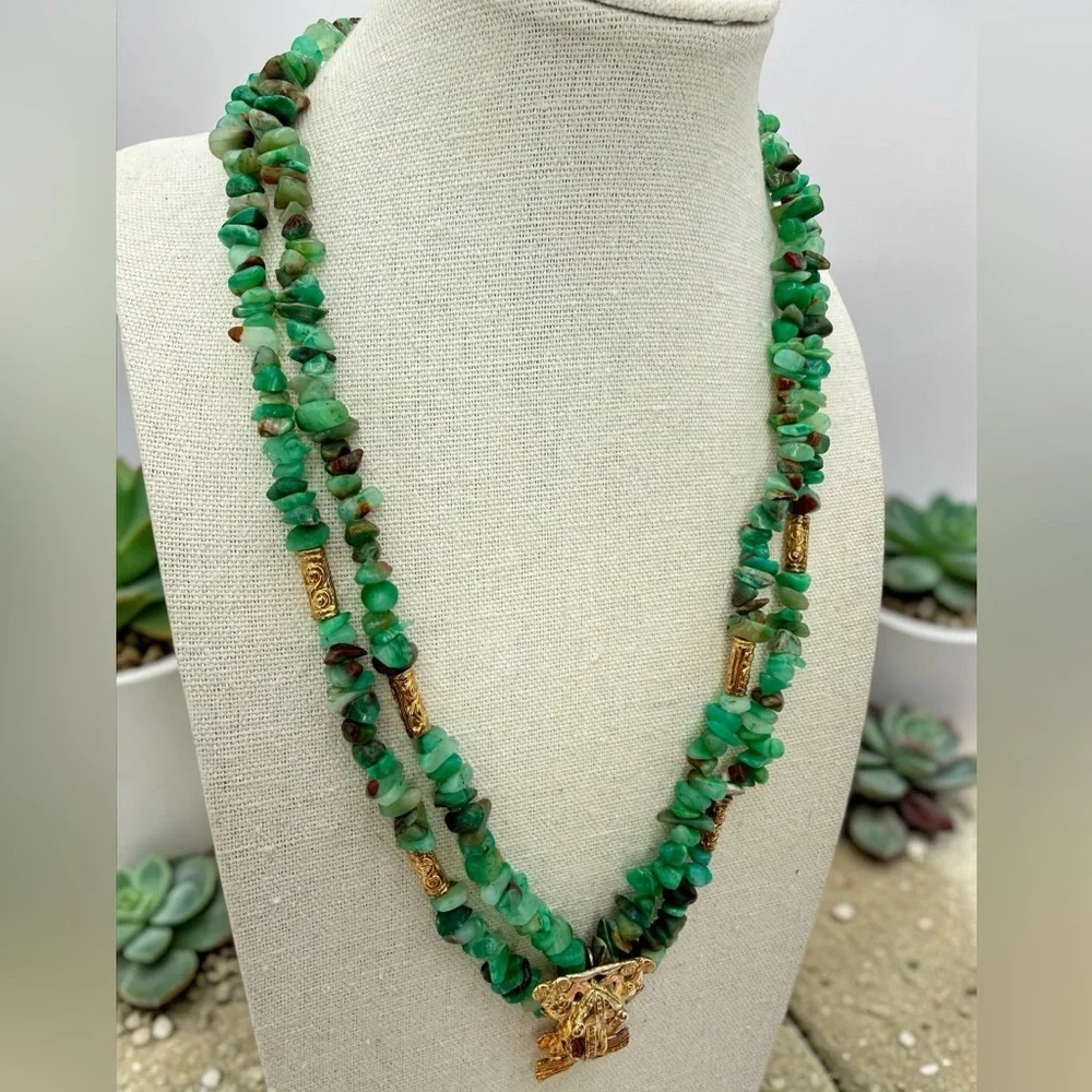 Artisan Chrysoprase Chip Necklace w R 925 Stamp Sterling Frog Pendant Green 18”